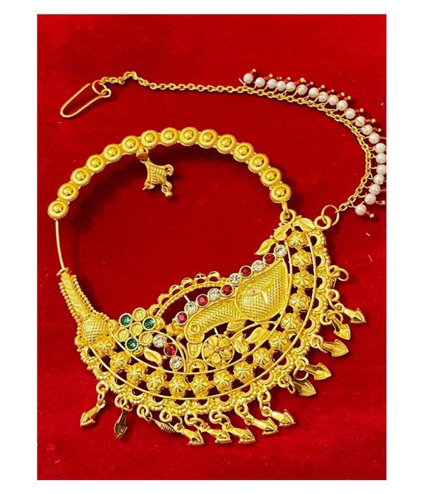 Gold Plated Elegant Simple Look Peacock Green And Red Stones Open Loop Nathiya/Nose Pin For 