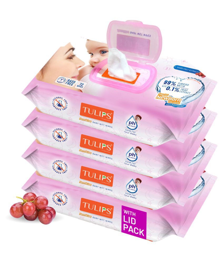 Tulips Sensitive Baby Wet Wipes LID Pack (72 Wipes x 4 Pack), for Gentle Cleaning/Moisturising, Rash Free, 99% Purified Water with Grapefruit Extracts