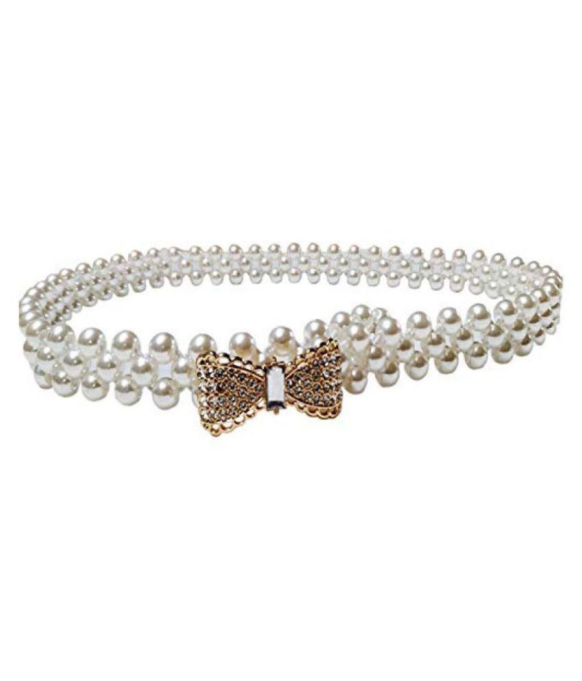     			LIVISORB Female Stretchable pearl belt Golden buckle Free size white colour,for casual occasions (BL4007_WHITE2)