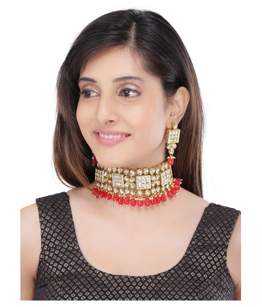     			Asmitta Jewellery Zinc Red Choker Traditional Gold Plated Necklaces Set