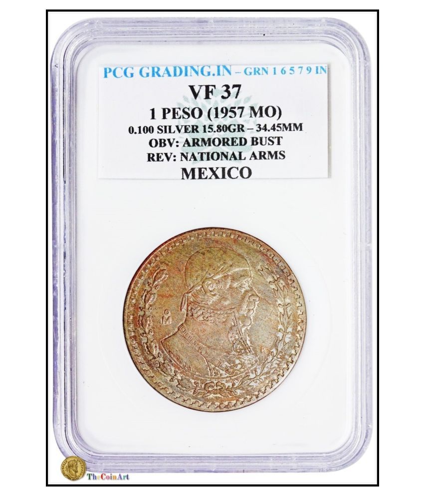     			(PCG Graded)1 Peso(1957 MO) Silver-15.80 Gr. OBV : Armored Bust REV : National Arms Mexico 100% Original  PCG Graded Coin