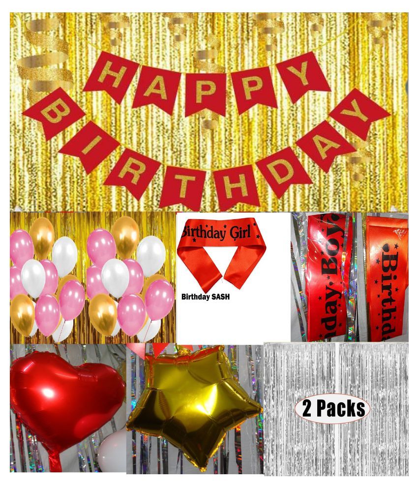 Happy Birthday Combo -1 Red with Gold HBD Cardboard Banner(13 Piece ...