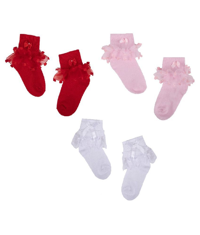 N2S NEXT2SKIN Girl's and Babies Frill Socks Cotton Socks for Children - Pack of 3 Pairs (Red:White:BabyPink, L (6-8 Yrs))