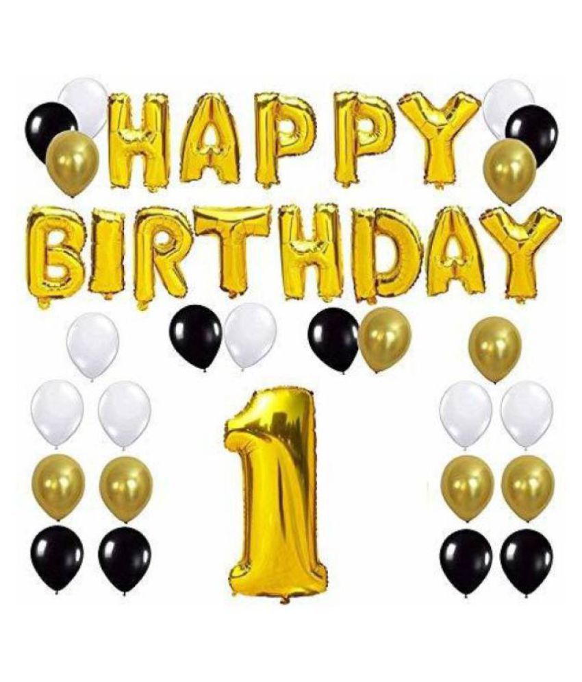     			Pixelfox Happy Birthday Letters Foil Balloons (Gold) + 1 (No) Gold Foil + Pack of 30 Party Decoration Balloons (Gold, White & Black)
