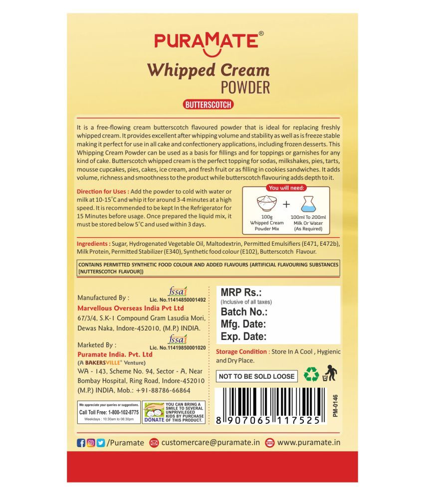 Puramate Whipped Cream Powder Butterscotch, 100 g Pack of 3 Buy