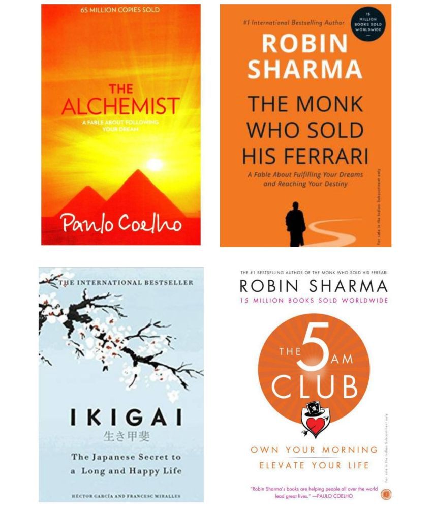     			Combo Book Fiction : The Monk Who Sold His Ferrari + IKIGAI + The 5 AM Club + The Alchemist | Set Of Four Books  (Paperback, Robin Sharma, Garcia Hector, Panlo Coelho)