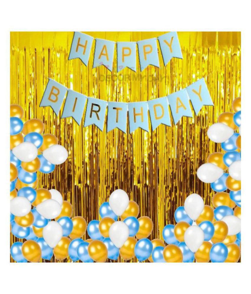     			PIxelfox Happy Birthday Banner(Blue Gold) for Birthday Decoration + Fringe Curtain 2pc(3x6 Feet) + Metallic Balloons 30pc (white, blue, golden) birthday decoration kit, birthday balloon decoration combo for Boys, Girls, Kids, husband and Wife.
