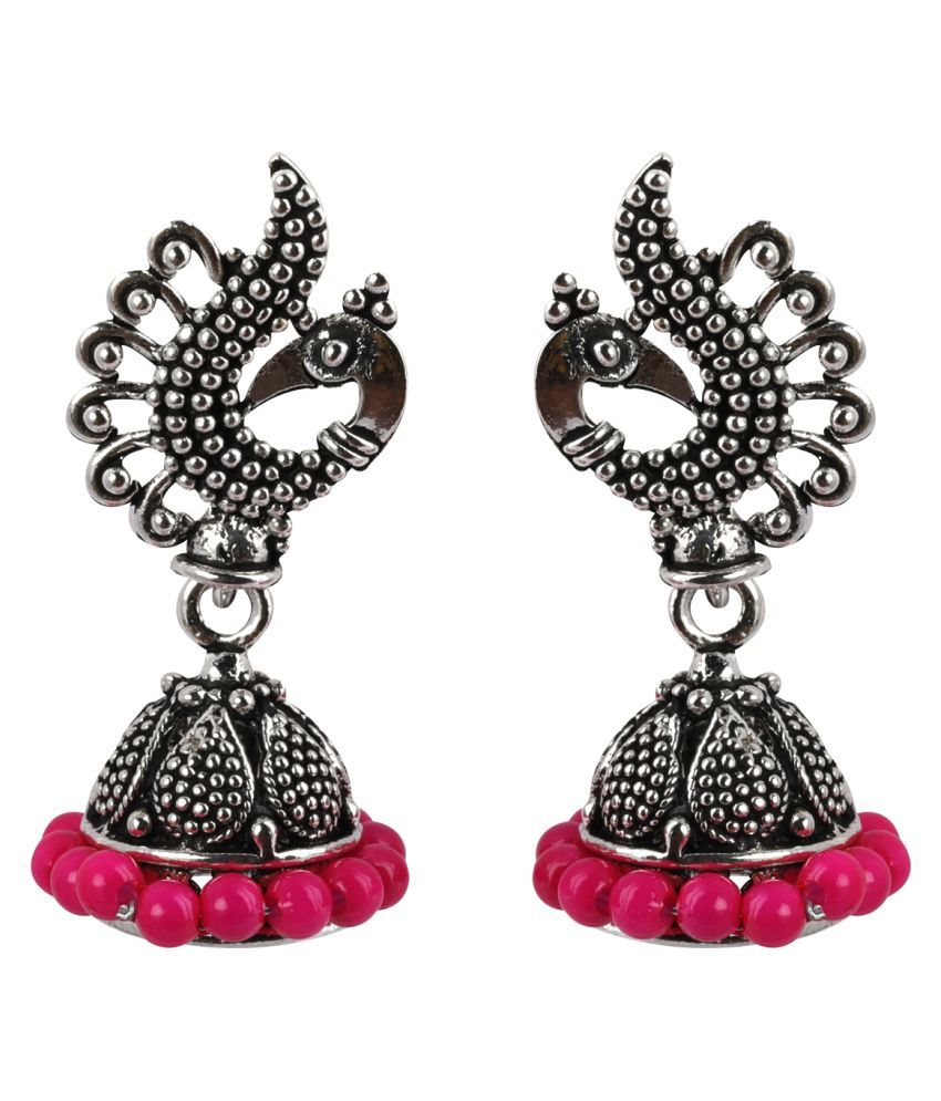     			SILVER SHINE  Attractive Pink Beads in Peacock Shape Jhumki Earrings