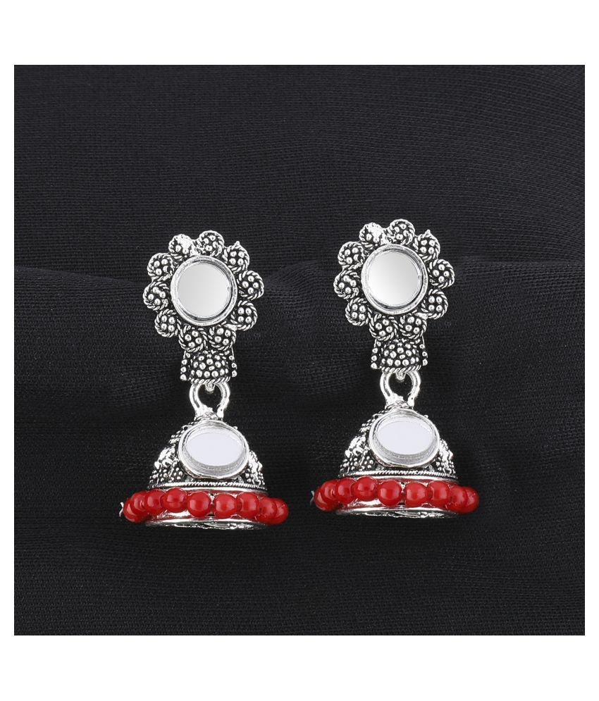     			SILVER SHINE  Lovely Red Mirror with Beads Jhumki Earrings