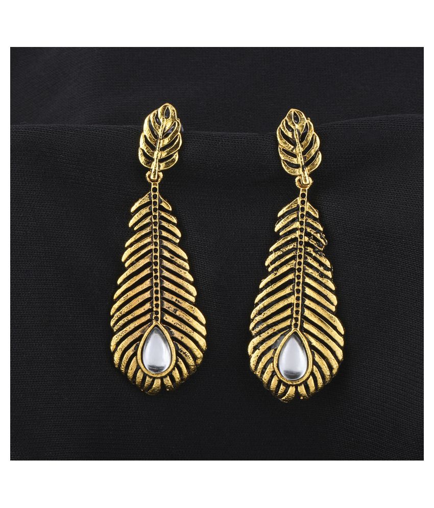     			SILVER SHINE  Stunning Golden Peacock Feather White Diamond Earrings