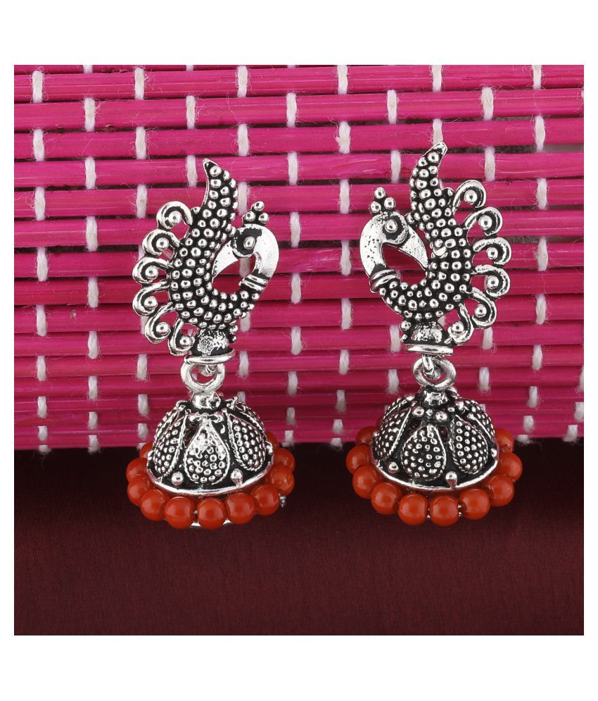     			SILVER SHINE  Stylish Red Beads in Peacock Shape Jhumki Earrings