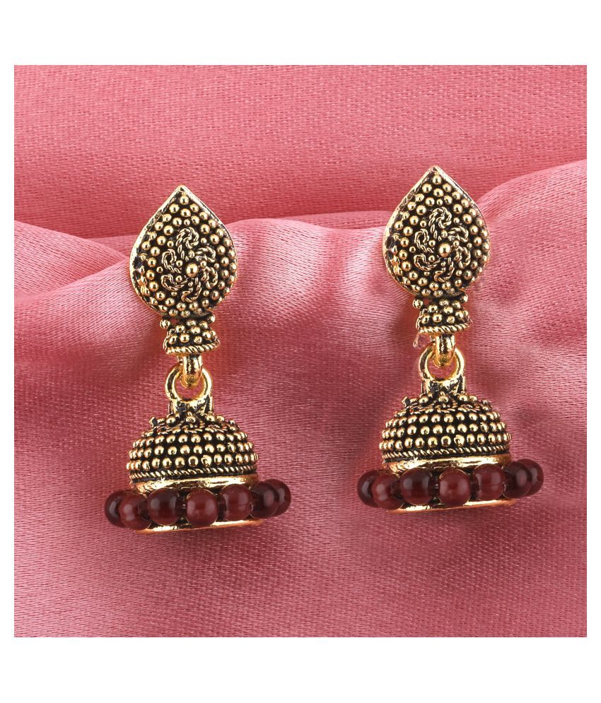     			SILVER SHINE  Trendy Maroon Beads with Golden Dots  Jhumki Earrings