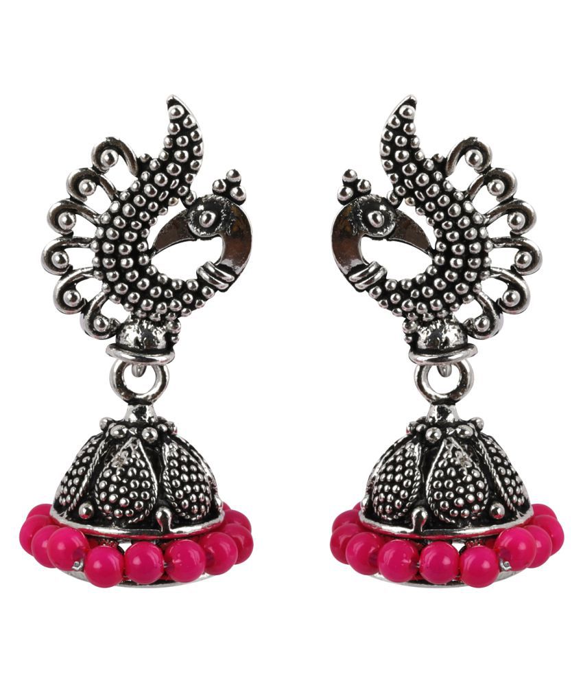     			SILVER SHINE  Attractive Pink Beads in Peacock Shape Jhumki Earrings