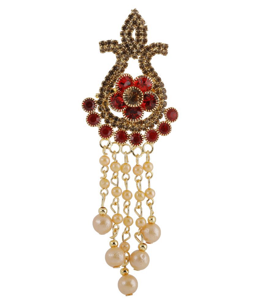     			SILVER SHINE  Traditional Gold Plated Antique Red Colour Diamond Studded Pearl Drop Designer Wedding Brooch For Unisex Jewellery
