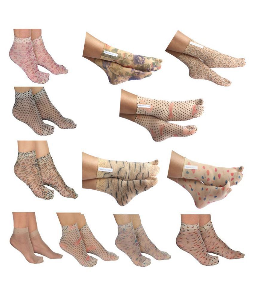     			HF LUMEN Thin Transparent Net Printed Ankle Length Women Socks Pack Of 12 (5 With thumb + 7 Without Thumb)