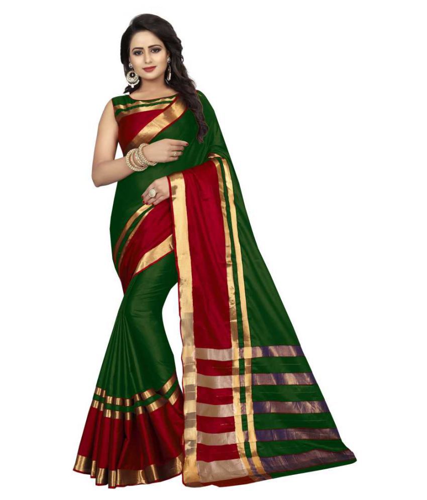 SAMIDHA Green & Red Cotton Silk Woven Party Wear Saree With Blouse Piece