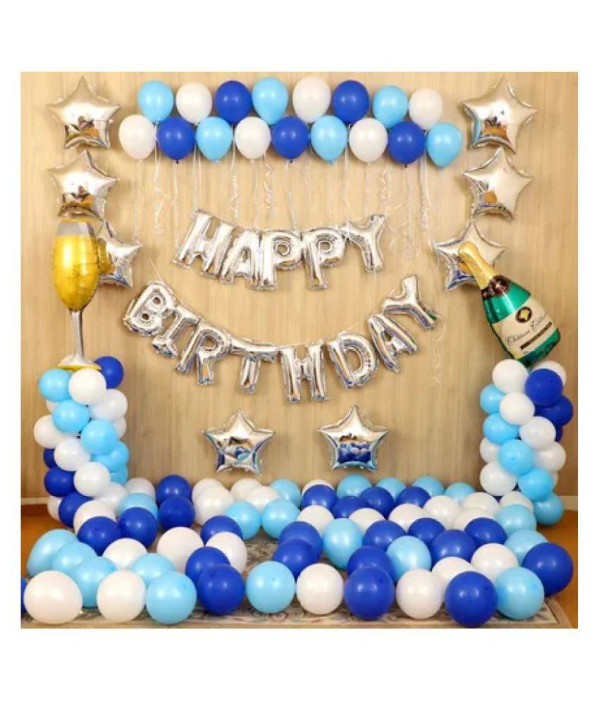     			GNGS Happy Birthday Letter Foil Balloon (Silver) + 8 Silver Stars + 1 Bottle Foil Balloon + 1 Glass Foil Balloon + Pack of 50 Pcs Party Decoration Balloons (Dark Blue, Light Blue & White)