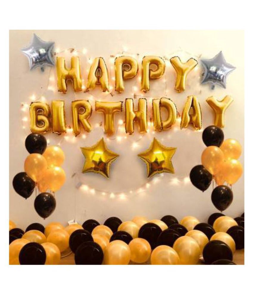     			GNGS Happy Birthday Letters Foil Balloons Set of 13 Pc (Gold) + Pack of 50 Party Decoration Balloons (Gold & Black) + 2 Golden Stars + 2 Silver Stars