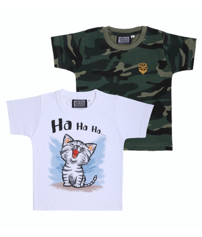 Neo Garments Kid's Boys & Girls Round Neck Cotton T-Shirt | Size - (1Yrs to 7Yrs) | CAMOUFLAGE (GREEN) & CAT HA HA HA (WHITE) | PACK OF 2.
