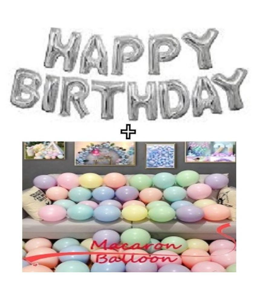     			Kiran Enterprises Happy Birthday Letters Foil Balloons Set of 13 Pcs (Silver) + Pack of 30 Pastel Colours Party Decoration Balloons (Multicolour)