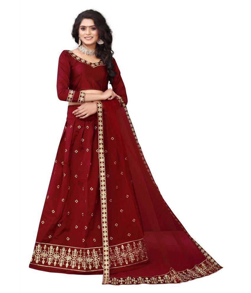 DOLKIZA Maroon Satin Chaniya Choli Semi Stitched Lehenga - Buy DOLKIZA ...