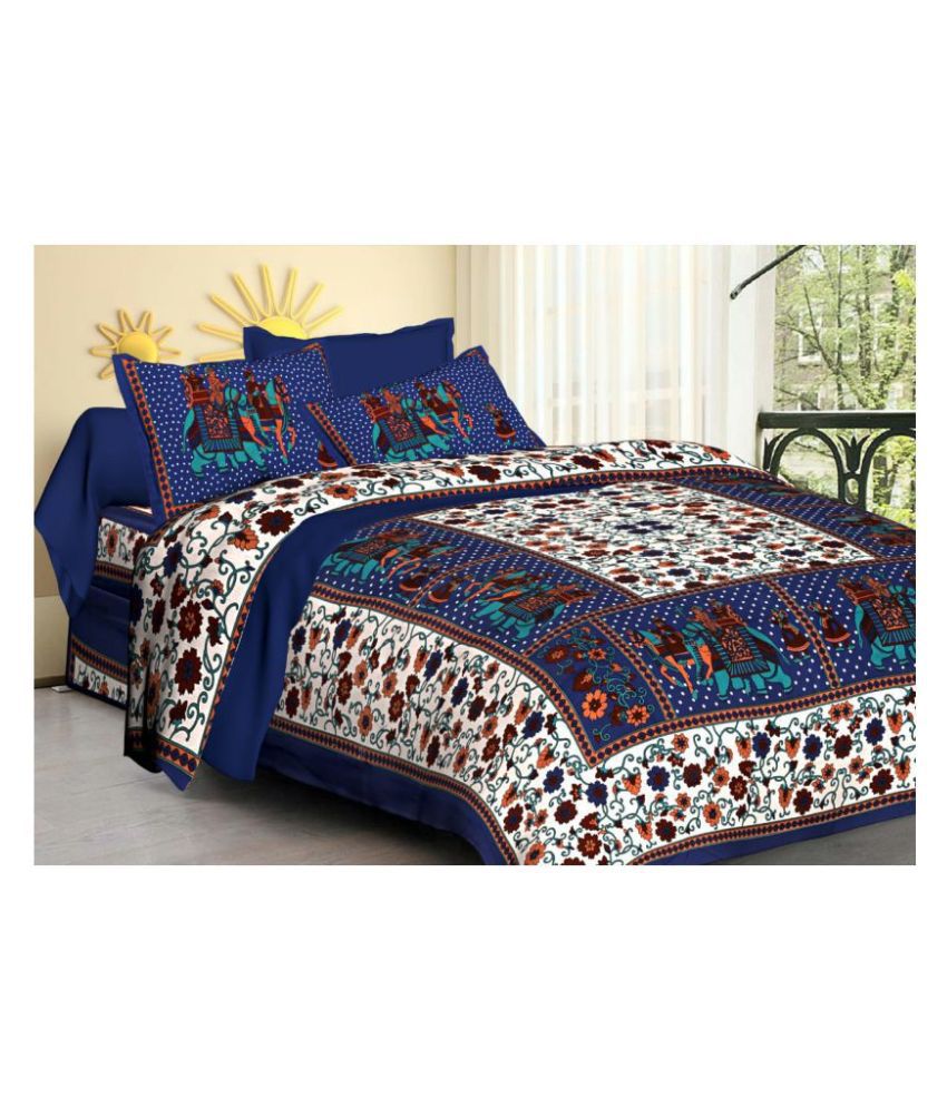     			Vataso - Blue Cotton Double Bedsheet with 2 Pillow Covers