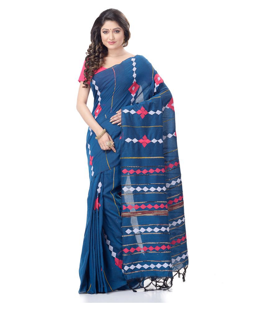     			Desh Bidesh - Blue Cotton Blend Saree With Blouse Piece (Pack of 1)