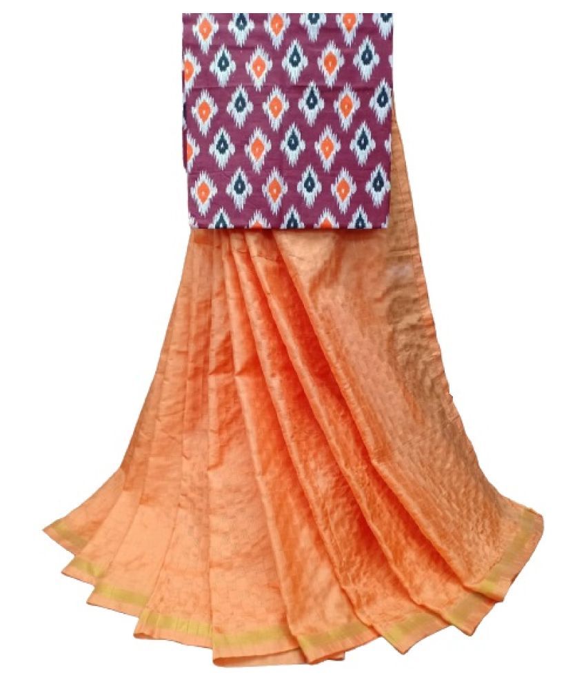     			BBQSTYLE Orange Chanderi Saree