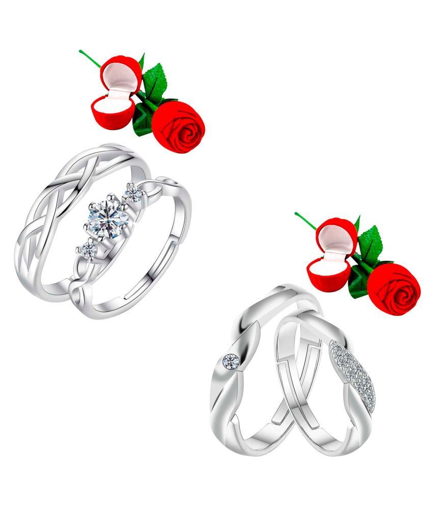     			Silver Shine Adjustable Party Wear 2 Pair of Couple Rings Set With 2 Piece Red Rose Gift Box for lovers