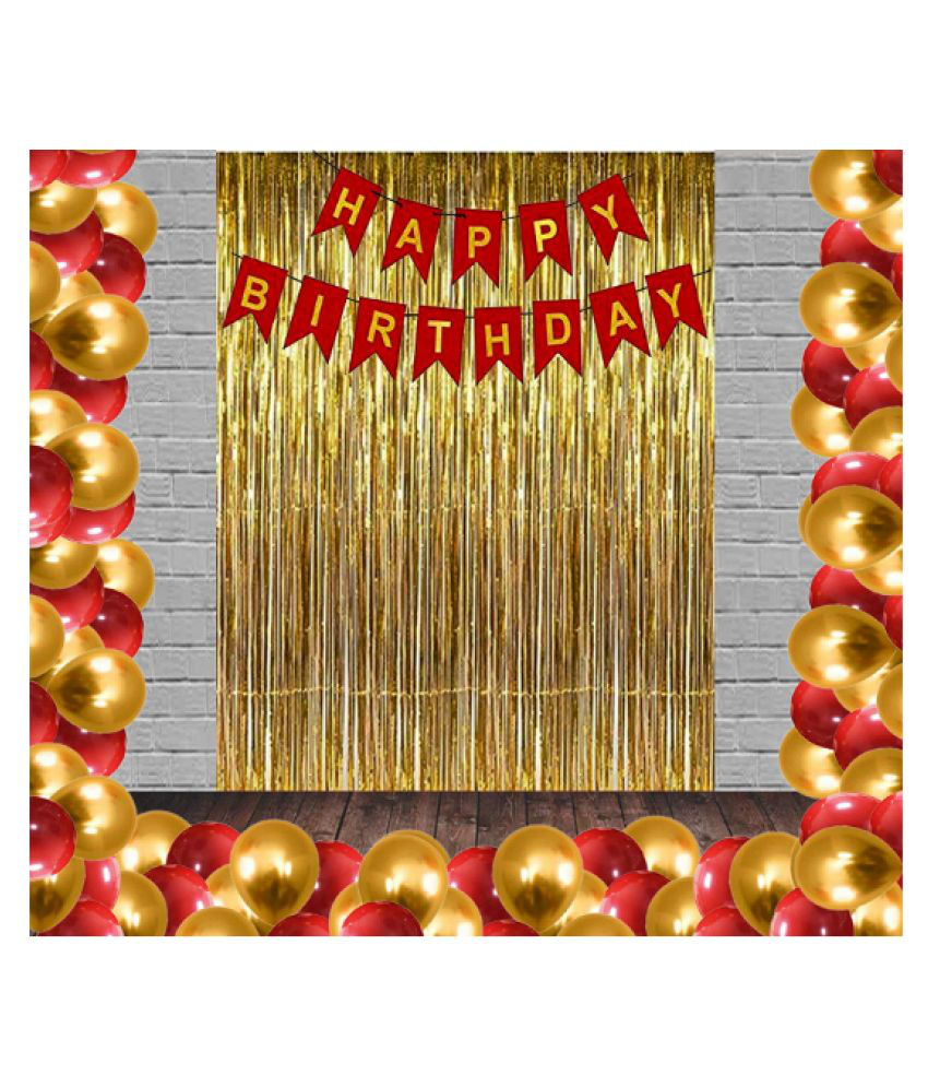     			Blooms Standard 53 Pcs Combo Happy Birthday  Banner  + Golden Fringe Curtain  + Red and Golden Metallic Balloons