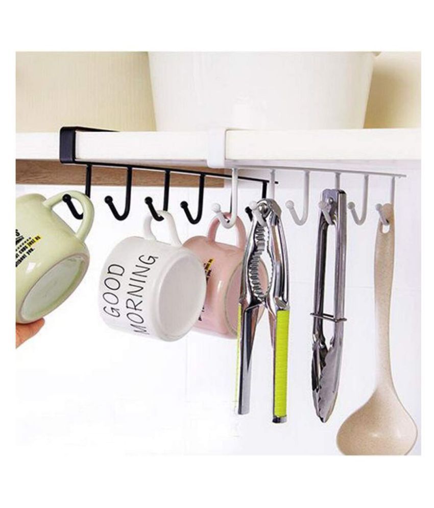     			sell4you Multi Functional Stainless Steel 6 Hooks Under Shelf Cup Holder || Kitchen Bathroom Towel Utensil Rack For Hanging (Pack Of 2)