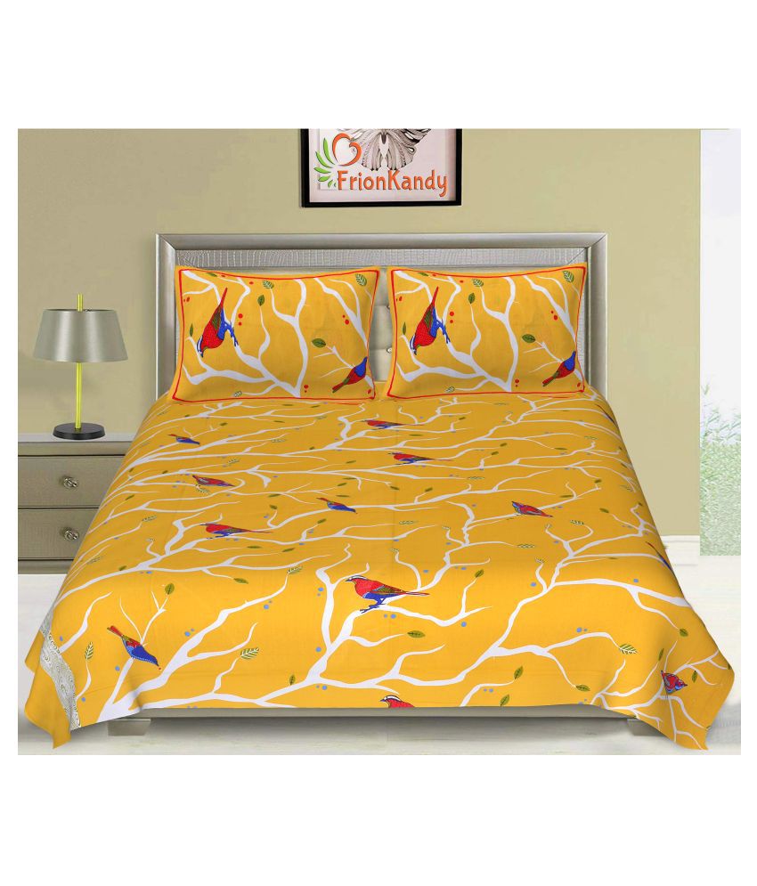     			Frionkandy - Yellow Cotton Double Bedsheet with 2 Pillow Covers