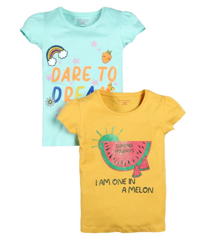     			Plum Tree Girls Dare To Dream Print  T-shirt( Pack of 2)