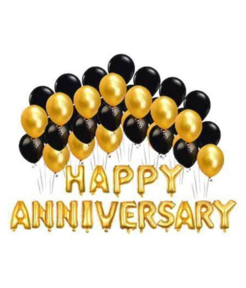     			Pixelfox Happy Anniversary Foil Letters Balloons (Golden) + Pack of 30 Party Decoration Balloons(Black, Gold)