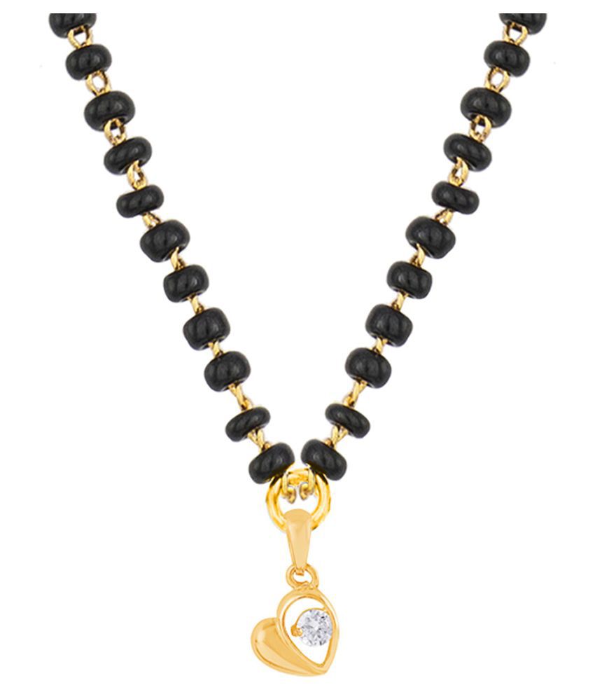     			Fashionable Mangalsutra Gold Plated Cubic Zircon Heart Shape Pendant With Black Beaded Golden Chain