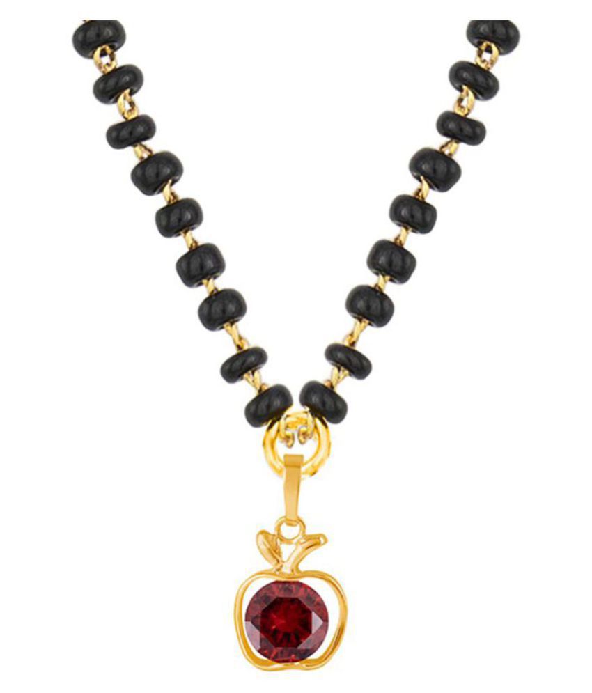     			Fashionable Mangalsutra Gold Plated Cubic Zircon Red Pendant With Black Beaded Golden Chain