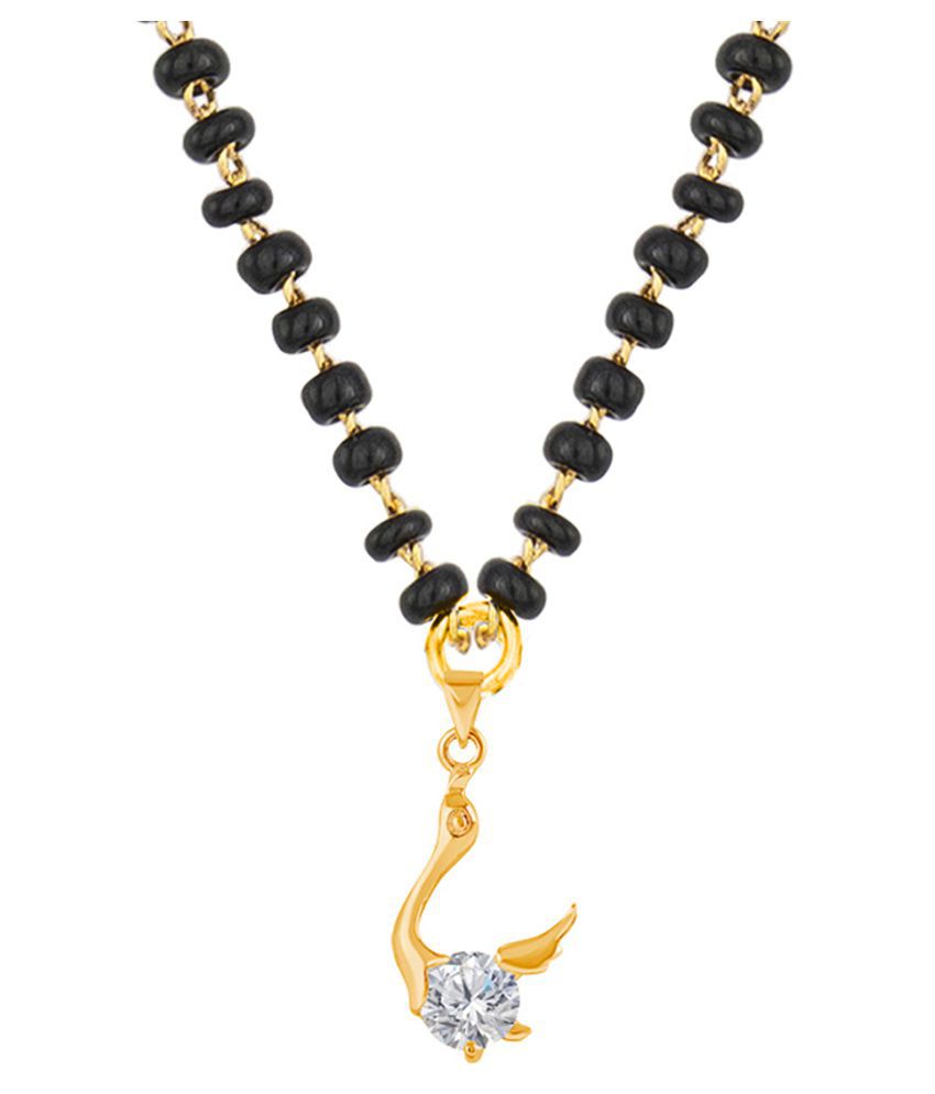     			Fashionable Mangalsutra Gold Plated Cubic Zircon Swan Pendant With Black Beaded Golden Chain