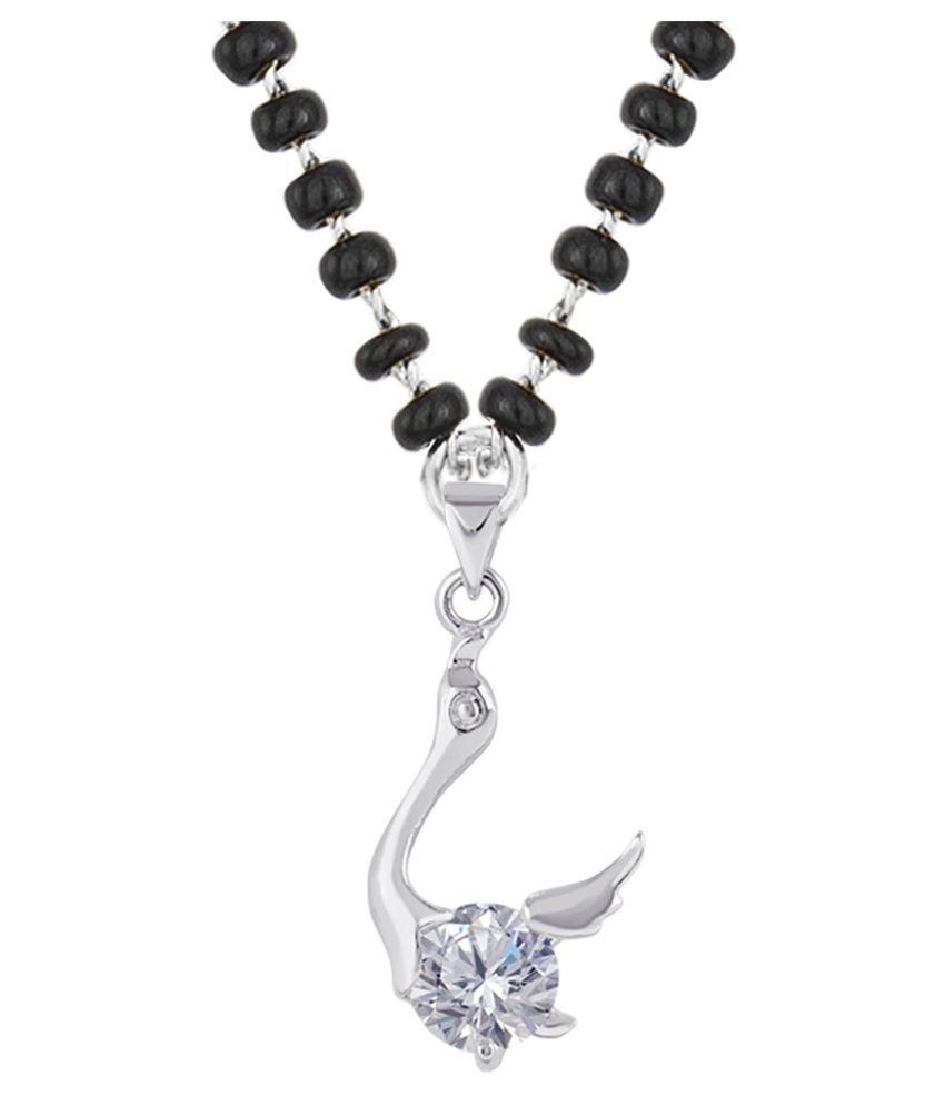     			Fashionable Mangalsutra Silver Plated Cubic Zircon Solitaire Swan Pendant and Black Beaded Chain