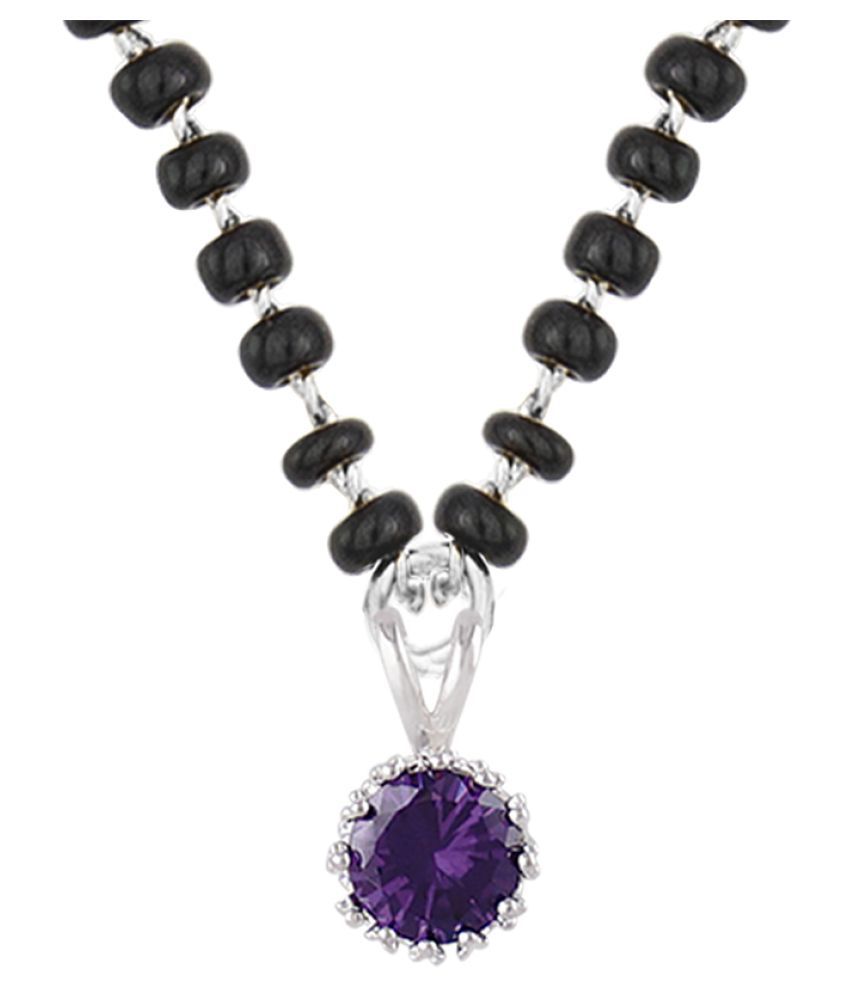     			Fashionable Mangalsutra Silver Plated Cubic Zircon Purple Round Solitaire Pendant and Black Beaded Chain