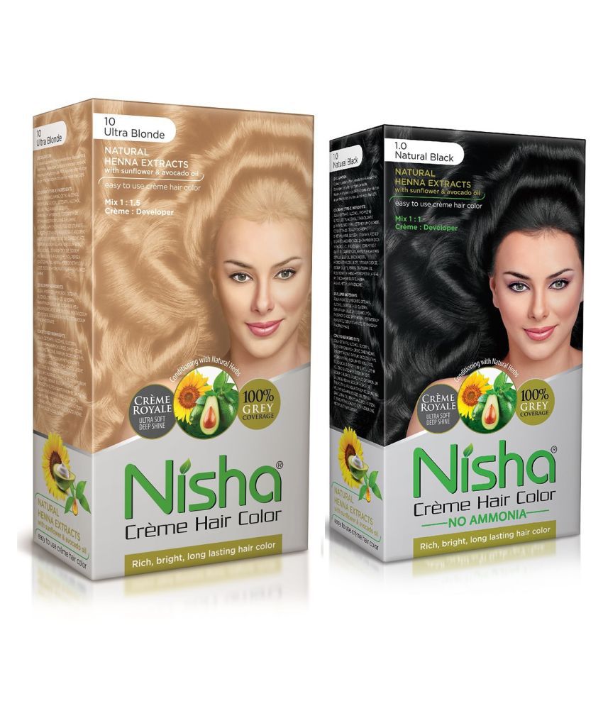 Nisha Cream Hair Color 100% Grey Coverage Permanent Hair Color Blonde Ultra  and Natural Black 150 g Pack of 2: Buy Nisha Cream Hair Color 100% Grey  Coverage Permanent Hair Color Blonde