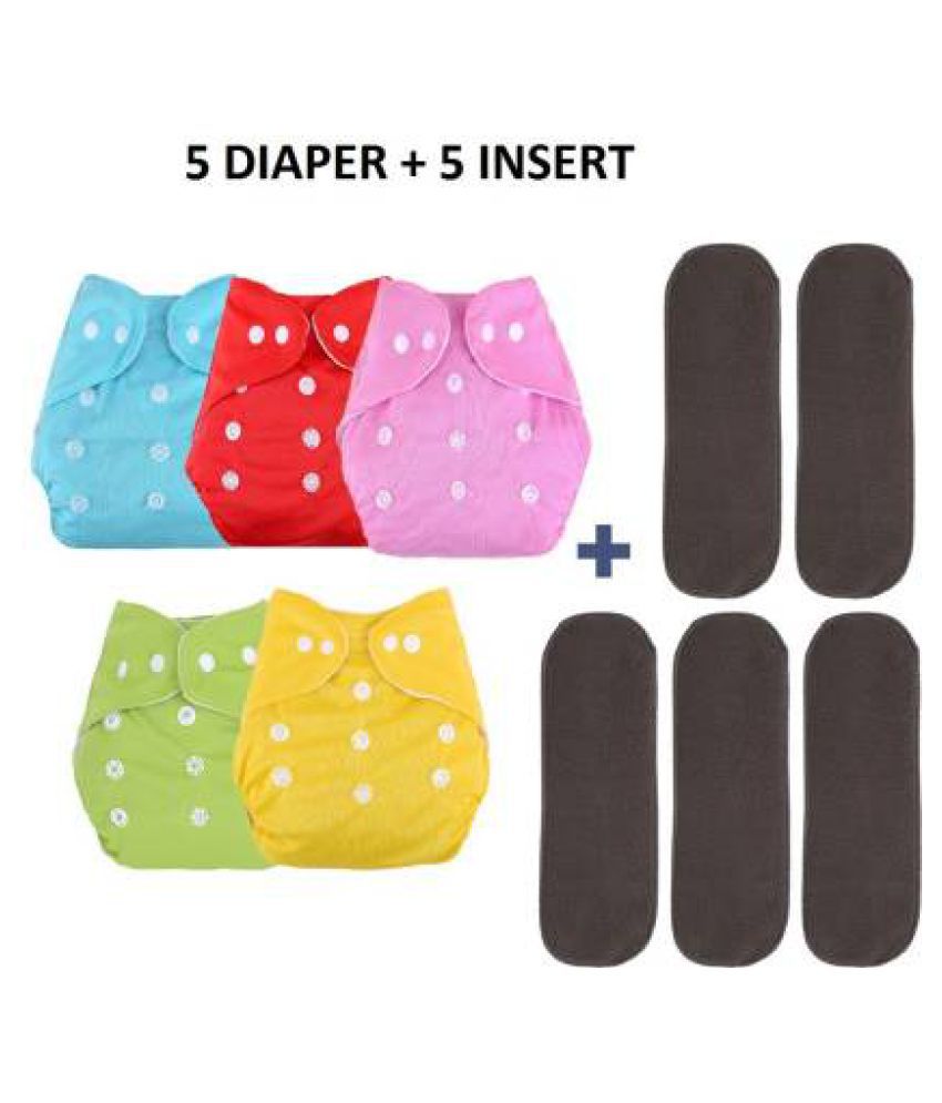 CHILD CHIC Reusable Baby Infant Cotton Cloth Washable Diaper Nappies(5 DIAPERS WITH 5 FIVE LAYER BAMBOO CHARCOAL INSERTS)