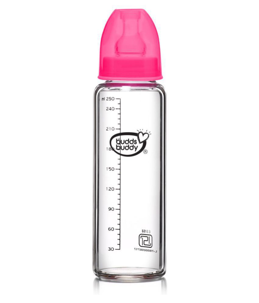 Buddsbuddy Choice+ BPA Free Regular Neck Baby Glass Feeding Bottle/baby milk bottle Pink- 250 ml