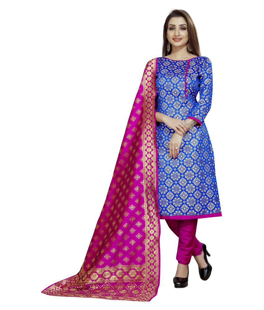 Indian Beautiful Blue Brocade Unstitched Dress Material Buy Indian Beautiful Blue Brocade