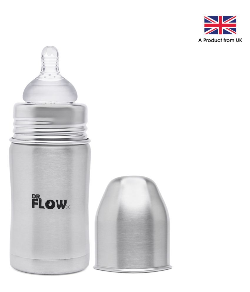 Dr.Flow Vogue Stainless Steel Baby Feeding Bottle 260ml/8oz |100% Plastic free &  Non-Toxic Stainless Steel | 304 (18/8) Grade Stainless Steel | Anti Colic Silicone Teat | DF9001, Grey Color