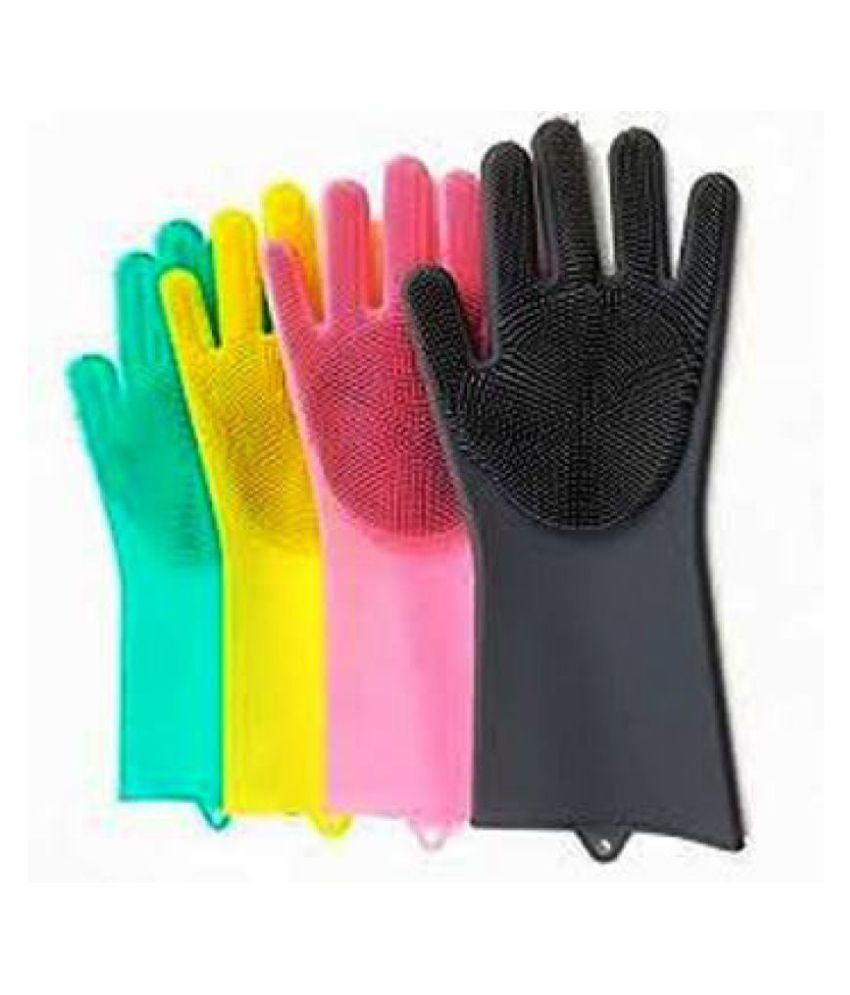     			FSN Microfibre Universal Size Heat Resistant Rubber  Magic Silicone Gloves scrubbing Gloves for Dishes, dishwashing Gloves with scrubbers, Dish Gloves for Kitchen, and pet Care