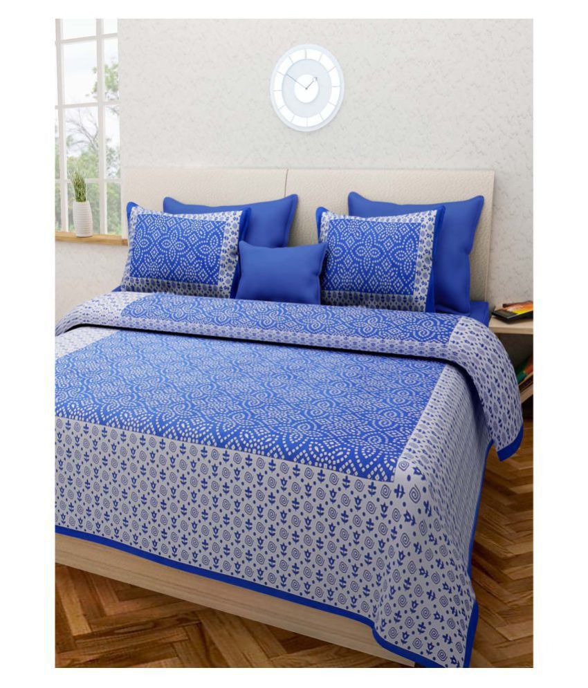     			Frionkandy - Blue Cotton Double Bedsheet with 2 Pillow Covers