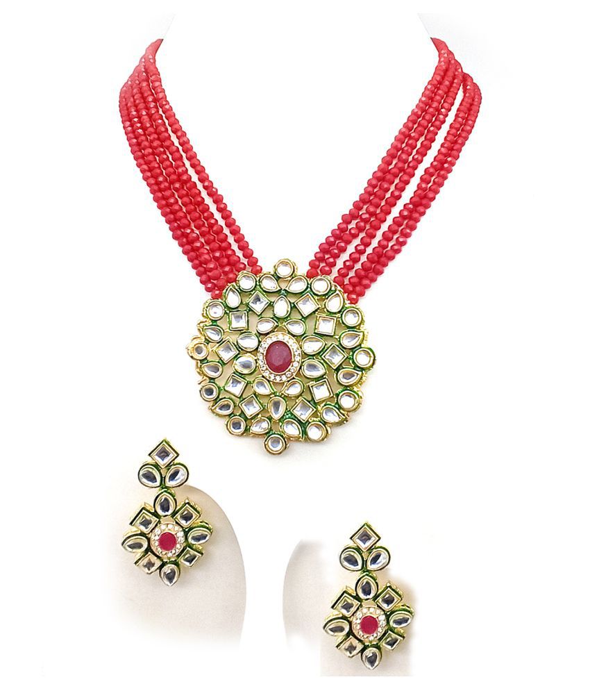     			Jewar Mandi Brass Red Contemporary/Fashion Necklaces Set Long Haram