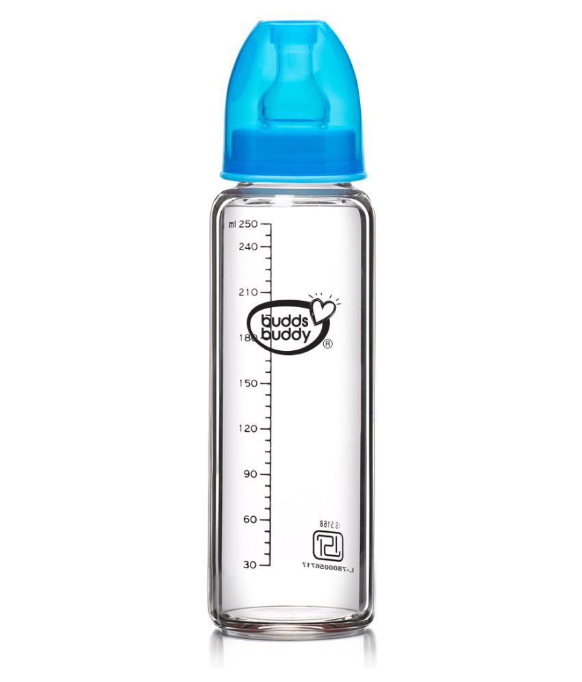 Buddsbuddy Choice+ BPA Free Regular Neck Baby Glass Feeding Bottle/baby milk bottle Blue- 250 ml