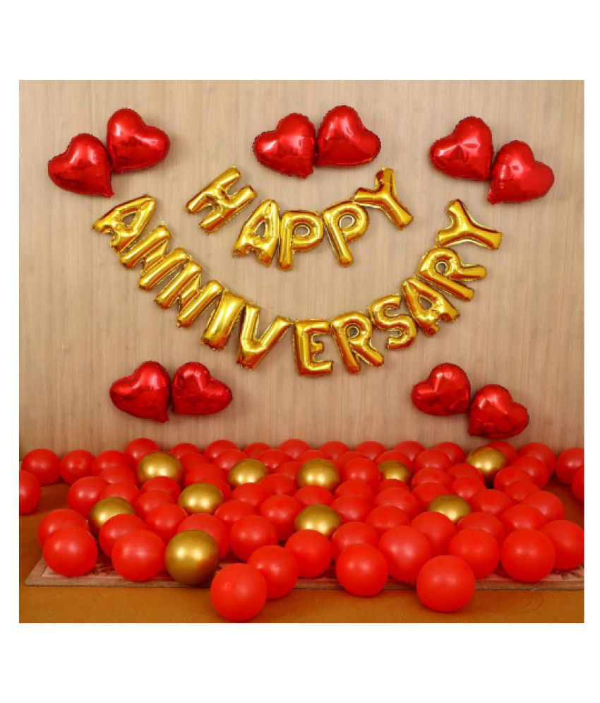 Blooms 69 pcs Romantic Combo  Happy Anniversay Letter foil balloons + Mettaliic Balloons + Special Heart shape Balloons