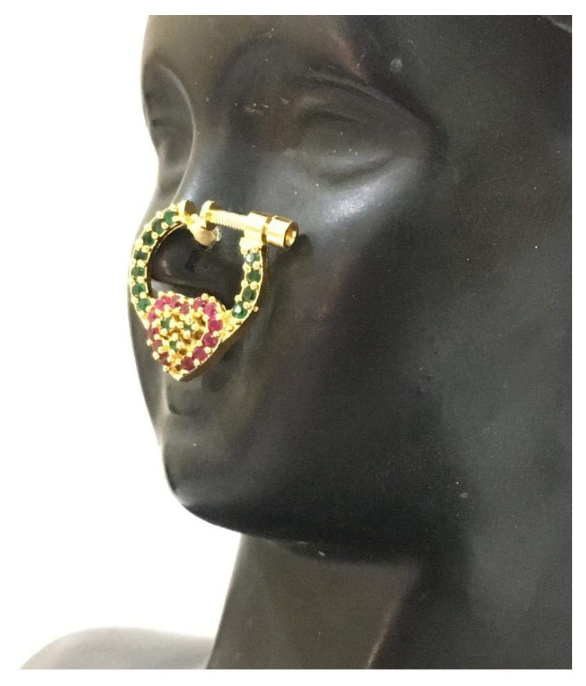 Red And Green Stone Gold Plated Nathiya Heart Design New Look Nath For Women
